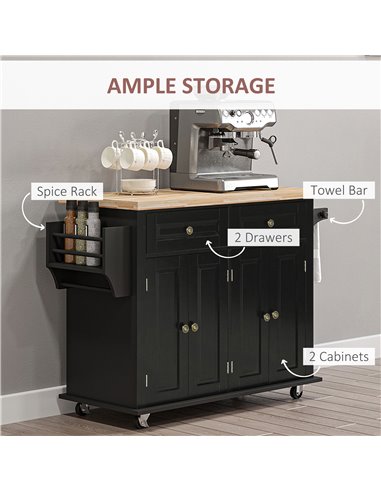 HOMCOM Rolling Kitchen Island Storage Trolley with Rubber Wood Top & Drawers for Dining Room, Black 801-161BK