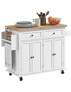 HOMCOM Rolling Kitchen Island Storage Trolley with Rubber Wood Top & Drawers for Dining Room, White 801-161V81WT
