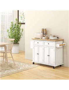 HOMCOM Rolling Kitchen Island Storage Trolley with Rubber Wood Top & Drawers for Dining Room, White 801-161V81WT 2