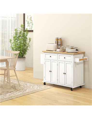 HOMCOM Rolling Kitchen Island Storage Trolley with Rubber Wood Top & Drawers for Dining Room, White 801-161V81WT