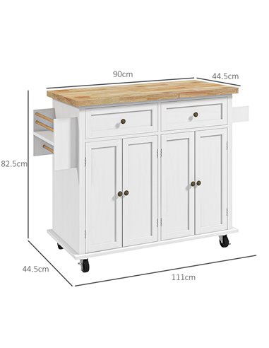 HOMCOM Rolling Kitchen Island Storage Trolley with Rubber Wood Top & Drawers for Dining Room, White 801-161V81WT
