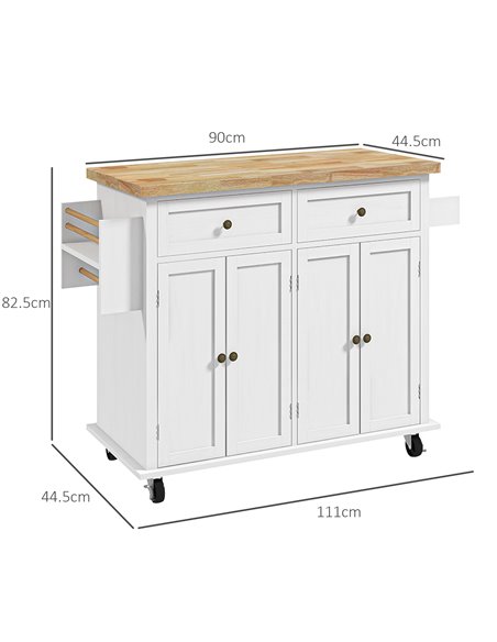 HOMCOM Rolling Kitchen Island Storage Trolley with Rubber Wood Top & Drawers for Dining Room, White 801-161V81WT - pic 110746 | FastDaddyshop