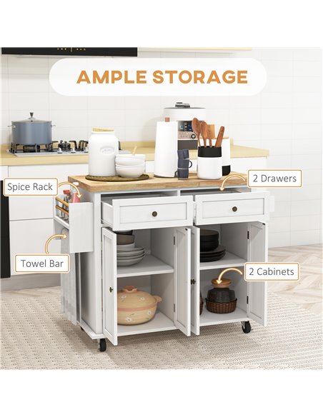 HOMCOM Rolling Kitchen Island Storage Trolley with Rubber Wood Top & Drawers for Dining Room, White 801-161V81WT - pic 110747 | FastDaddyshop