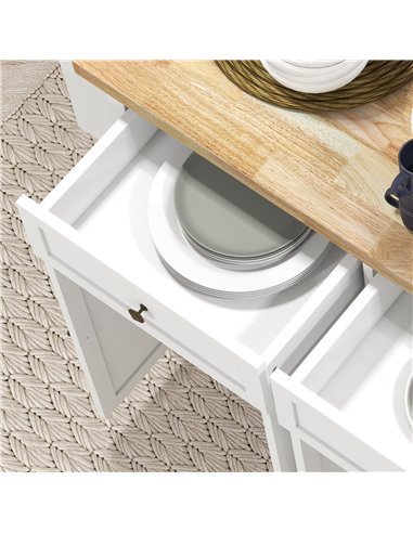 HOMCOM Rolling Kitchen Island Storage Trolley with Rubber Wood Top & Drawers for Dining Room, White 801-161V81WT