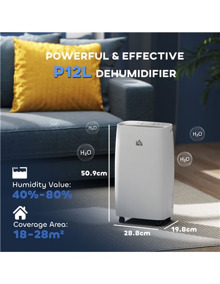 HOMCOM 12L/Day Dehumidifier with Continuous Drainage, 2.5L Water Tank, 24H Timer, Humidity Display, for Home Damp, Condensation, - pic 110836 | FastDaddyshop
