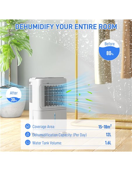 HOMCOM 12L/Day Dehumidifier with Continuous Drainage, 1.6L Water Tank, 24H Timer, Digital Humidity Display, Humidity Light, Dehu - pic 110900 | FastDaddyshop