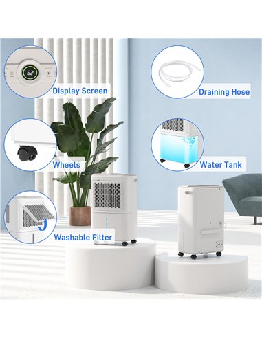 HOMCOM 12L/Day Dehumidifier with Continuous Drainage, 1.6L Water Tank, 24H Timer, Digital Humidity Display, Humidity Light, Dehu
