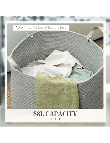 HOMCOM 88L Cotton Rope Laundry Basket, with Handles - Grey 850-318V01GY