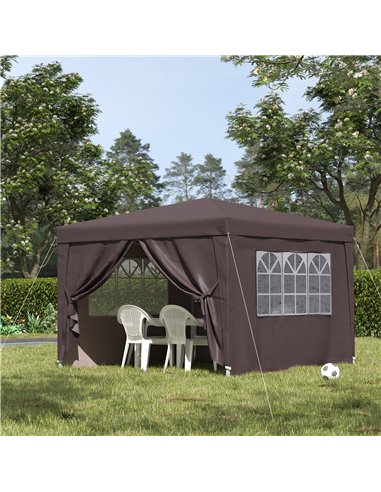 Outsunny 3 x 3 Meters Pop Up Water Resistant Gazebo Wedding Camping Party Tent Canopy Marquee - Coffee + Free Carry Bag + 2 wall