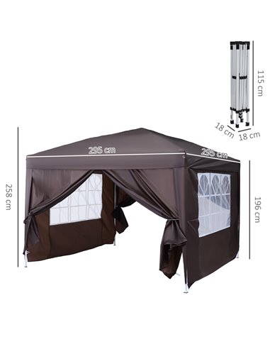 Outsunny 3 x 3 Meters Pop Up Water Resistant Gazebo Wedding Camping Party Tent Canopy Marquee - Coffee + Free Carry Bag + 2 wall