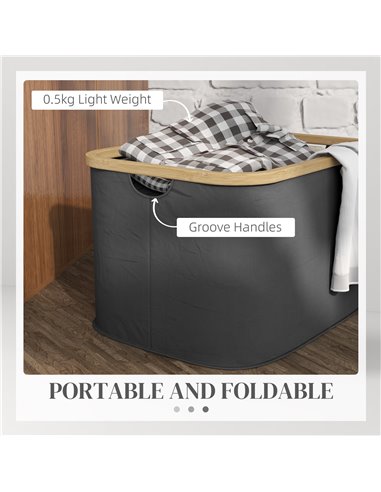 HOMCOM 36L Foldable Laundry Basket, with Bamboo Top - Black 850-319V00BK