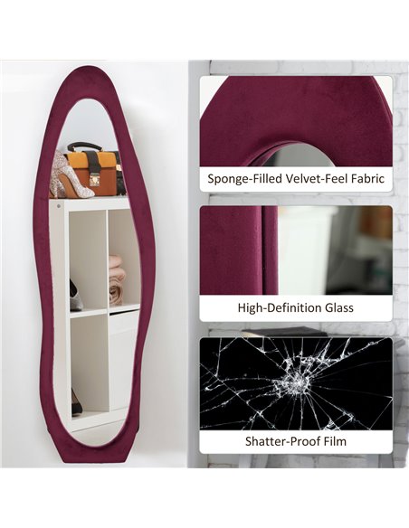 HOMCOM Wavy Velvet-Feel Full Length Mirror - Wine Red 831-860V70WR - pic 111072 | FastDaddyshop