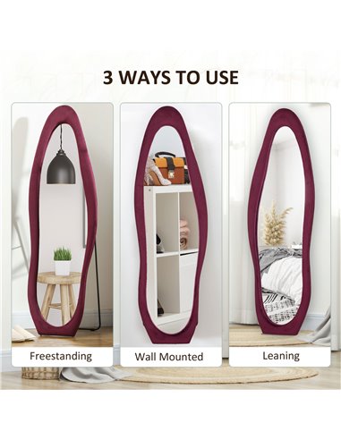 HOMCOM Wavy Velvet-Feel Full Length Mirror - Wine Red 831-860V70WR