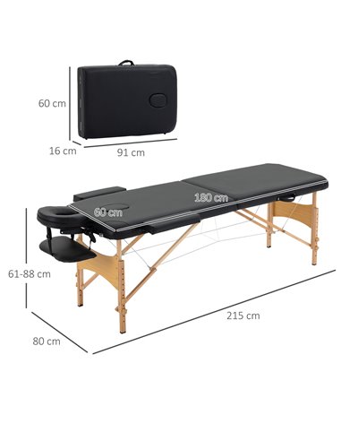HOMCOM Portable Massage Bed, Folding Spa Beauty Massage Table with 2 Sections, Carry Bag and Wooden Frame, Black 503-025V70BK