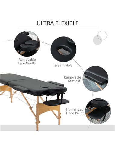 HOMCOM Portable Massage Bed, Folding Spa Beauty Massage Table with 2 Sections, Carry Bag and Wooden Frame, Black 503-025V70BK