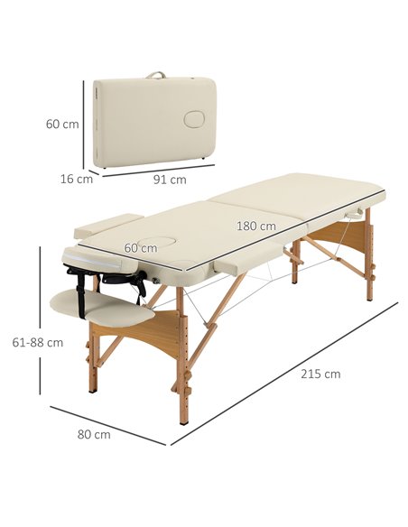 HOMCOM Portable Massage Bed, Folding Spa Beauty Massage Table with 2 Sections, Carry Bag and Wooden Frame, Cream 503-025V70CW - pic 111259 | FastDaddyshop