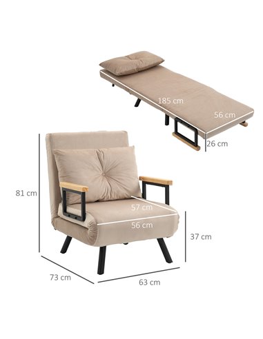 HOMCOM 4-in-1 Velvet-Feel Single Chair Bed, with Pillow - Beige 839-834V70BG