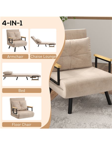 HOMCOM 4-in-1 Velvet-Feel Single Chair Bed, with Pillow - Beige 839-834V70BG - pic 111341 | FastDaddyshop