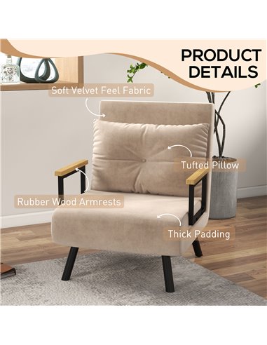 HOMCOM 4-in-1 Velvet-Feel Single Chair Bed, with Pillow - Beige 839-834V70BG