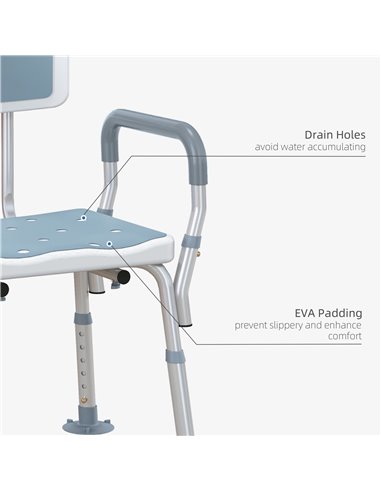 HOMCOM EVA Padded Shower Chair for the Elderly and Disabled, Height Adjustable Shower Stool with Back and Arms, 4 Suction Foot P