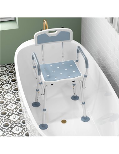 HOMCOM EVA Padded Shower Chair for the Elderly and Disabled, Height Adjustable Shower Stool with Back and Arms, 4 Suction Foot P