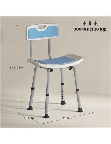 HOMCOM Shower Stool with Backrest, Height Adjustable Shower Chair with Anti-slip Foot Pads, Shower Head Holder, Light Blue 713-1