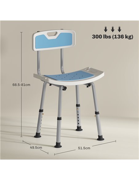 HOMCOM Shower Stool with Backrest, Height Adjustable Shower Chair with Anti-slip Foot Pads, Shower Head Holder, Light Blue 713-1 - pic 111403 | FastDaddyshop