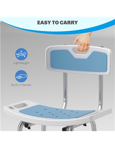 HOMCOM Shower Stool with Backrest, Height Adjustable Shower Chair with Anti-slip Foot Pads, Shower Head Holder, Light Blue 713-1