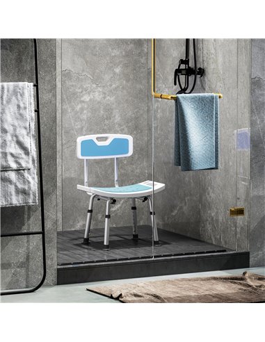 HOMCOM Shower Stool with Backrest, Height Adjustable Shower Chair with Anti-slip Foot Pads, Shower Head Holder, Light Blue 713-1