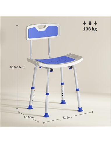 HOMCOM Shower Stool with Backrest, Height Adjustable Shower Chair with Anti-slip Foot Pads, Shower Head Holder, Blue 713-118V00V