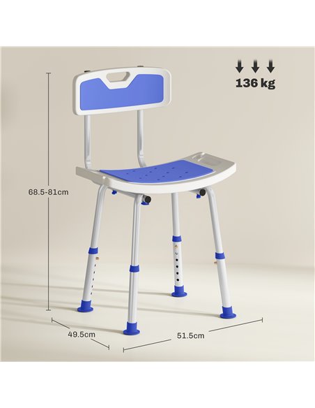 HOMCOM Shower Stool with Backrest, Height Adjustable Shower Chair with Anti-slip Foot Pads, Shower Head Holder, Blue 713-118V00V - pic 111412 | FastDaddyshop