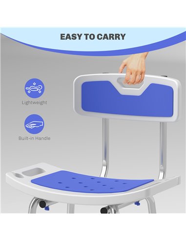 HOMCOM Shower Stool with Backrest, Height Adjustable Shower Chair with Anti-slip Foot Pads, Shower Head Holder, Blue 713-118V00V