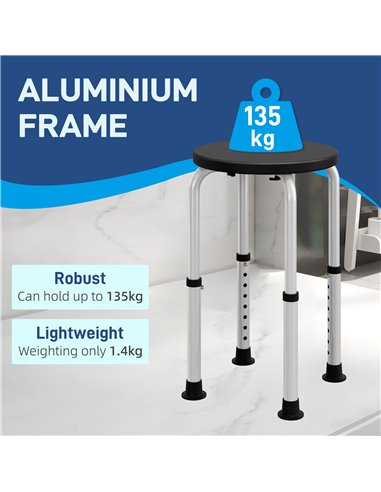 HOMCOM Shower Chair, Height Adjustable Aluminium Shower Stool with Non-Slip Feet for Disabled, Elderly, Black 713-166V00BK