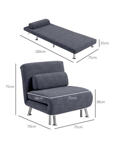 HOMCOM Single Velvet-Feel Sleeper Chair - Charcoal Grey 833-066V72CG