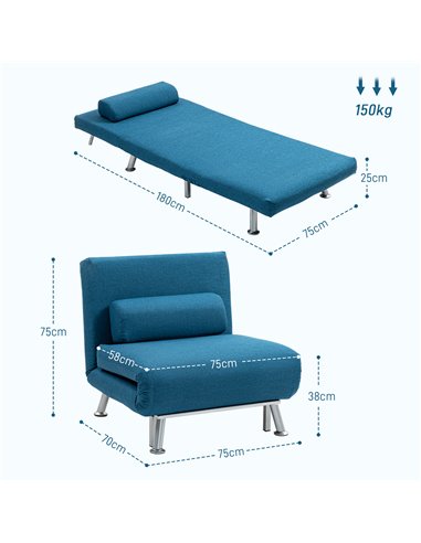 HOMCOM Single Linen-Look Sleeper Chair - Blue 833-066V71BU