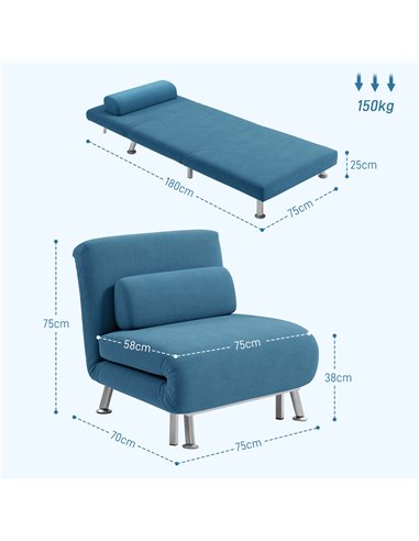 HOMCOM Single Velvet-Feel Sleeper Chair - Blue 833-066V72BU