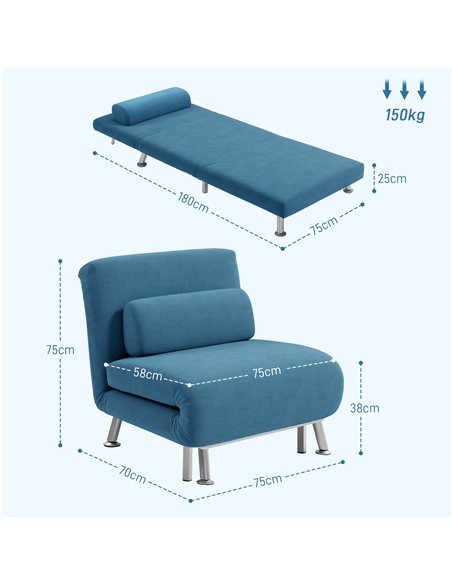 HOMCOM Single Velvet-Feel Sleeper Chair - Blue 833-066V72BU - pic 111457 | FastDaddyshop