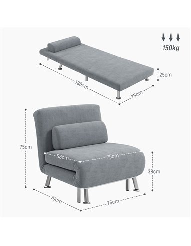 HOMCOM Single Velvet-Feel Sleeper Chair - Grey 833-066V72GY