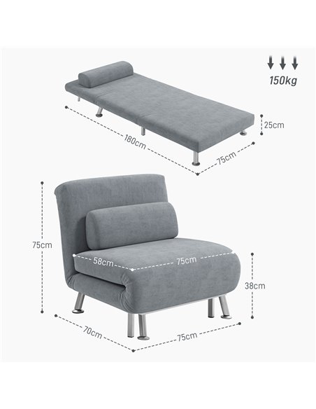 HOMCOM Single Velvet-Feel Sleeper Chair - Grey 833-066V72GY - pic 111466 | FastDaddyshop
