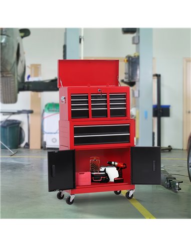 HOMCOM Tool Chest, Metal Tool Cabinet on Wheels with 6 Drawers, Pegboard, Top Chest and Roller Cabinet Combo, 61.6 x 33 x 108cm,