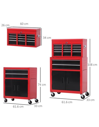 HOMCOM Tool Chest, Metal Tool Cabinet on Wheels with 6 Drawers, Pegboard, Top Chest and Roller Cabinet Combo, 61.6 x 33 x 108cm,