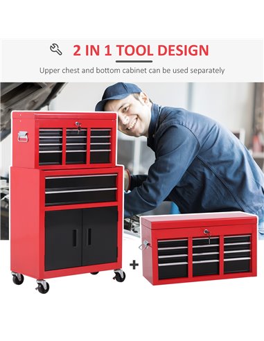 HOMCOM Tool Chest, Metal Tool Cabinet on Wheels with 6 Drawers, Pegboard, Top Chest and Roller Cabinet Combo, 61.6 x 33 x 108cm,