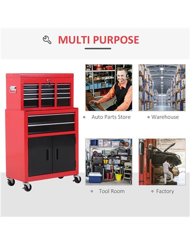 HOMCOM Tool Chest, Metal Tool Cabinet on Wheels with 6 Drawers, Pegboard, Top Chest and Roller Cabinet Combo, 61.6 x 33 x 108cm,
