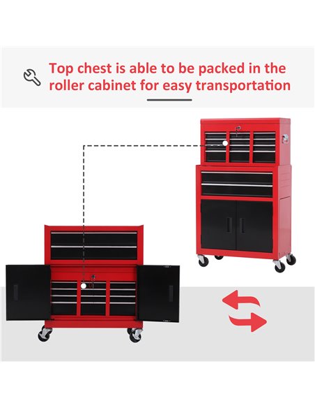 HOMCOM Tool Chest, Metal Tool Cabinet on Wheels with 6 Drawers, Pegboard, Top Chest and Roller Cabinet Combo, 61.6 x 33 x 108cm, - pic 111478 | FastDaddyshop