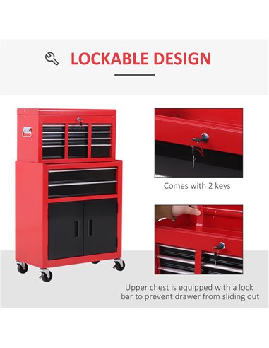 HOMCOM Tool Chest, Metal Tool Cabinet on Wheels with 6 Drawers, Pegboard, Top Chest and Roller Cabinet Combo, 61.6 x 33 x 108cm,