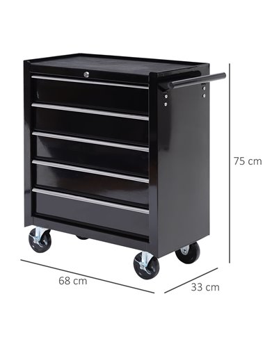 HOMCOM 5-Drawer Tool Chest with Wheels, Steel Lockable Tool Storage Cabinet with Handle, 2 Keys for Garage, Workshop, Black E2-0