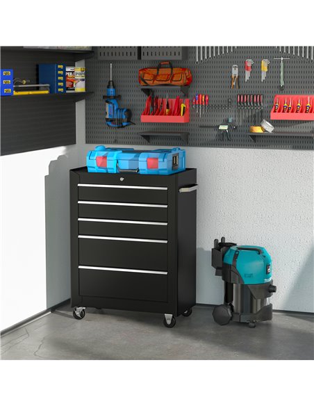 HOMCOM 5-Drawer Tool Chest, Lockable Steel Tool Storage Cabinet with Wheels and Handle Tool Box for Garage, Workshop, Black B20- - pic 111501 | FastDaddyshop