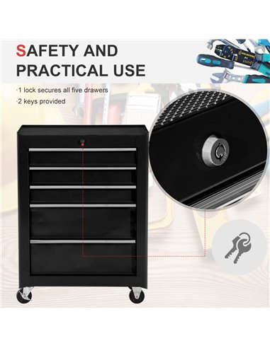 HOMCOM 5-Drawer Tool Chest, Lockable Steel Tool Storage Cabinet with Wheels and Handle Tool Box for Garage, Workshop, Black B20-