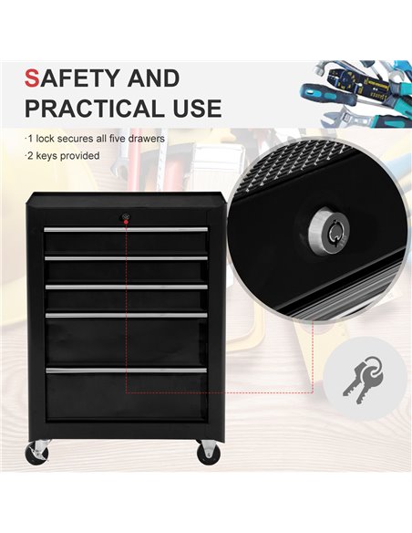 HOMCOM 5-Drawer Tool Chest, Lockable Steel Tool Storage Cabinet with Wheels and Handle Tool Box for Garage, Workshop, Black B20- - pic 111503 | FastDaddyshop