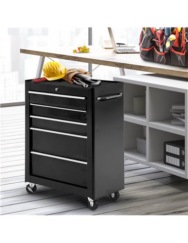 HOMCOM 5-Drawer Tool Chest, Lockable Steel Tool Storage Cabinet with Wheels and Handle Tool Box for Garage, Workshop, Black B20-